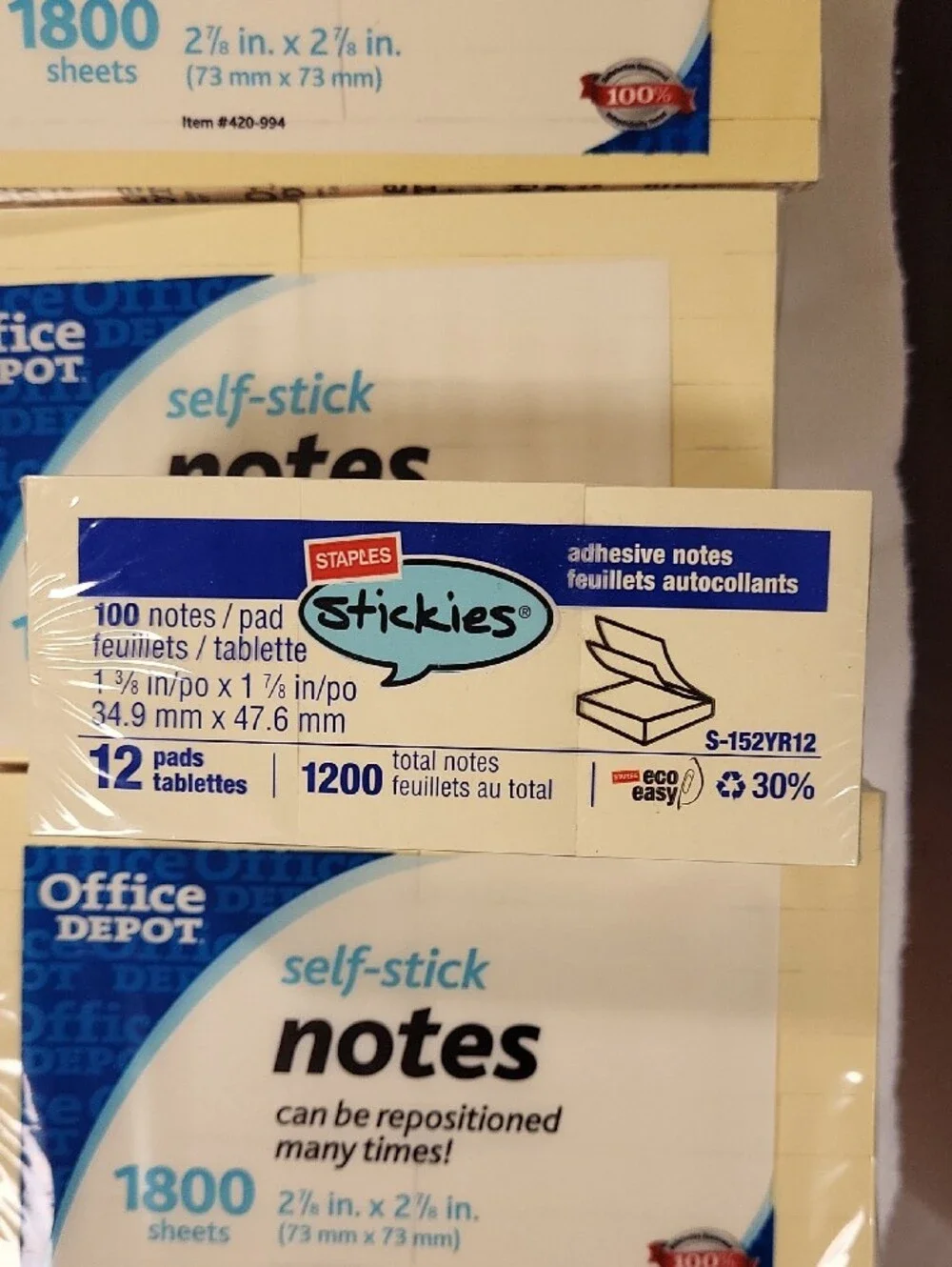 Self-Stick Notes Yellow - Pack of 3 (1800 Sheets Each) & 1200 sheets small